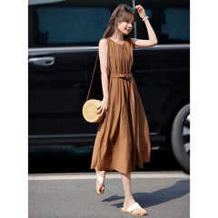 Sleeveless Round Neck Plain Belted Midi A-Line Dress
