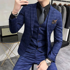 Set: Notch Lapel Plaid Single Breasted Blazer + V-Neck Single Breasted Vest + Mid Rise Cropped Slim Fit Dress Pants