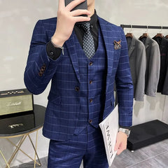 Set: Notch Lapel Plaid Single Breasted Blazer + V-Neck Single Breasted Vest + Mid Rise Cropped Slim Fit Dress Pants