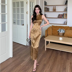 Sleeveless Stand Collar Tie Dye Slit Satin Midi Sheath Qipao