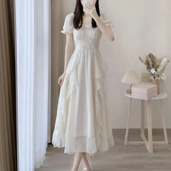 Short Sleeve Square Neck Plain Maxi A-Line Dress