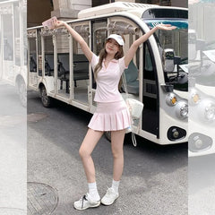 Short-Sleeve V-Neck Plain Polo Shirt / High Waist Pleated Mini A-Line Skirt
