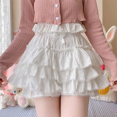 Elastic Waist Plain Lace Trim Tiered Ruffle Mini A-Line Skort