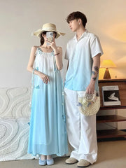 Couple Matching Short-Sleeve Gradient Shirt / Sleeveless Maxi A-Line Dress / Cardigan