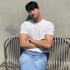 Short-Sleeve Notch Neck Plain T-Shirt