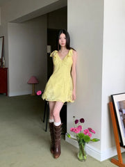 Sleeveless V-Neck Knot Lace Mini A-Line Dress