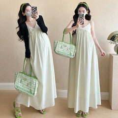 Spaghetti Strap Plain Ruffled Midi A-Line Dress / Shrug / Maternity Set