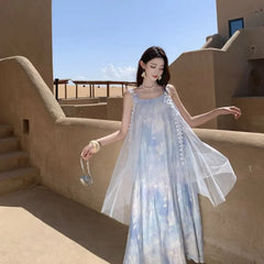 Spaghetti Strap Tie Dye Mesh Panel Layered Midi Sundress
