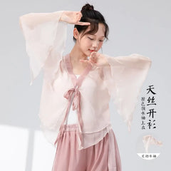 Bell-Sleeve Tie-Front Layered Mesh Dance Top