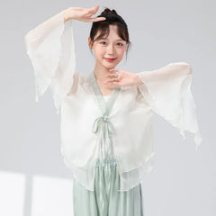 Bell-Sleeve Tie-Front Layered Mesh Dance Top