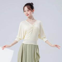 Puff-Sleeve V-Neck Plain Shirred Dance Top