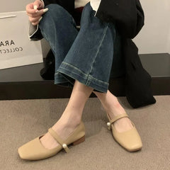 Square Toe Faux Pearl Accent Mary Jane Shoes