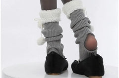 Pom Pom Fleece Panel Ribbed Knit Leg Warmers