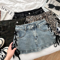 Mid Waist Lace-Up Denim Mini Pencil Skorts