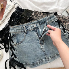 Mid Waist Lace-Up Denim Mini Pencil Skorts