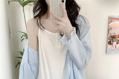 Pajama Set: V-Neck Striped Ruffle Tie Front Jacket + High Waist Straight Leg Pants + Plain Camisole Top