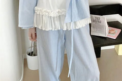 Pajama Set: V-Neck Striped Ruffle Tie Front Jacket + High Waist Straight Leg Pants + Plain Camisole Top