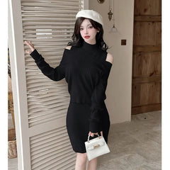 Set: Sleeveless Mock Neck Plain Sheath Knit Dress + Long-Sleeve Ribbed Knit Top