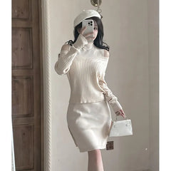 Set: Sleeveless Mock Neck Plain Sheath Knit Dress + Long-Sleeve Ribbed Knit Top