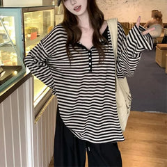 Long-Sleeve Henley Striped Top