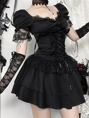 Puff-Sleeve Sweetheart-Neck Plain Lace Ruffle Mini A-Line Dress