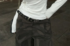 Long-Sleeve Off Shoulder Plain Ruched Tee / Mid Rise Camouflage Baggy Pants / Faux Leather Belt / Set