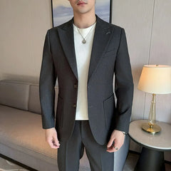 Peak Lapel Single-Breasted Plain Blazer / Mid Rise Straight Leg Dress Pants / Set