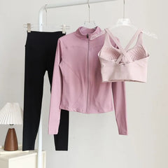 Set: Stand Collar Plain Zip Jacket + Sport Bra Top + High Waist Plain Yoga Pants