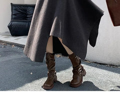 High Waist Plain Asymmetrical Knit Midi A-Line Skirt