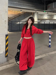 Plain Cropped Zip Hoodie / Drawstring Waist Baggy Sweatpants