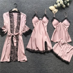 Pajama Set: Satin Panel Lace Camisole Top + Spaghetti Strap Nightdress + Shorts + Robe
