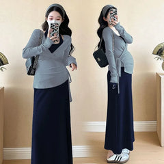 Maternity Set: Halter Neck Plain Knit Midi Dress + V-Neck Plain Knit Top