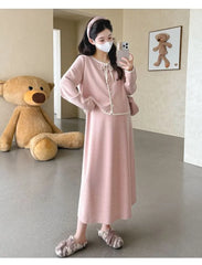 Maternity Set: Round Neck Contrast Trim Cardigan + High Waist Midi A-Line Skirt
