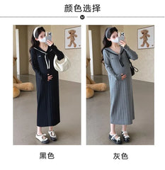 Maternity Long-Sleeve Collared Cable Knit Midi Bodycon Dress