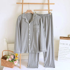 Couple Matching Pajama Set: Long-Sleeve Lapel Collar Plaid Button-Up Top + Pants (Various Designs)