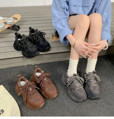 Platform Mesh Panel Lace-Up Faux Suede Sneakers