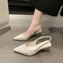Tweed Pointed Toe Plaid Kitten Heel Slingback Mules