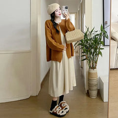 Maternity Long-Sleeve Crew Neck Plain Midi Tunic Dress / Crew Neck One-Buttoned Cardigan / Set