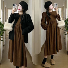 Maternity Long-Sleeve Crew Neck Plain Midi Tunic Dress / Crew Neck One-Buttoned Cardigan / Set