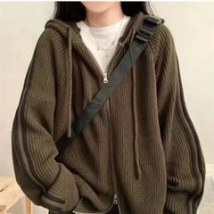Striped Hooded Ribbed Zip Cardigan