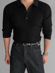 Long-Sleeve Plain Knit Polo Shirt
