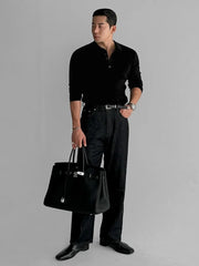 Long-Sleeve Plain Knit Polo Shirt