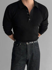 Long-Sleeve Plain Knit Polo Shirt