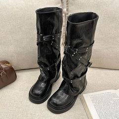 Faux Leather Buckled Strap Tall Boots