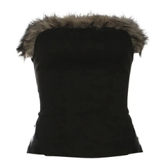 Faux Fur Trim Tube Top / Low waist Mini Pencil Skirt
