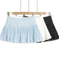 Balletcore Low Waist Lace-Trim Plain Mini A-Line Skirt