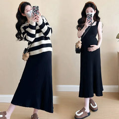 Maternity Collar Striped Sweater / Sleeveless Square Neck Plain Midi A-Line Knit Dress / Set