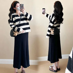 Maternity Collar Striped Sweater / Sleeveless Square Neck Plain Midi A-Line Knit Dress / Set