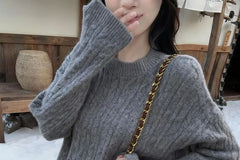 Set: Round Neck Plain Cable Knit Sweater + High Waist Knit Shorts