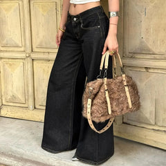 Low Rise Contrast Stitched Wide Leg Jeans